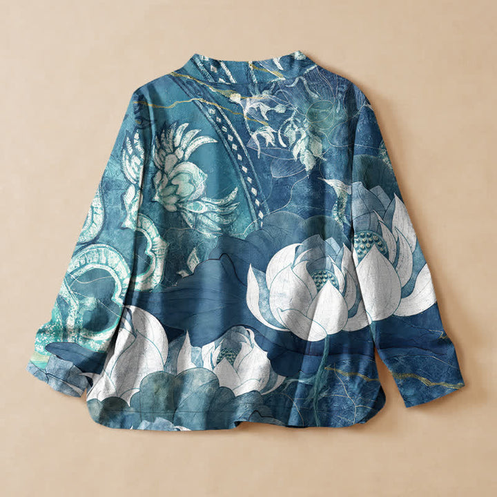 Buddha Stones Kimono da donna a maniche lunghe, stile Hanfu, con scollo a V e allacciatura, in cotone bianco con stampa a foglie di loto. - image 6