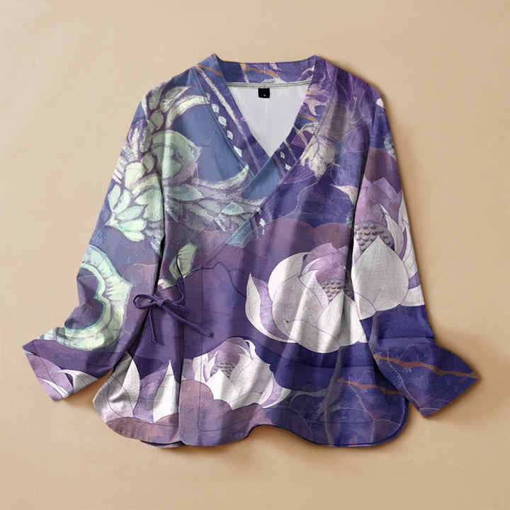 Buddha Stones Kimono da donna a maniche lunghe, stile Hanfu, con scollo a V e allacciatura, in cotone bianco con stampa a foglie di loto. - Viola scuro - US16, UK/AU20, EU48 (3XL) - image 7