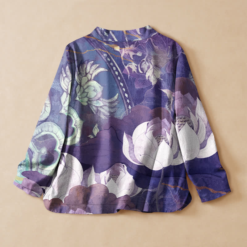 Buddha Stones Kimono da donna a maniche lunghe, stile Hanfu, con scollo a V e allacciatura, in cotone bianco con stampa a foglie di loto. - image 8