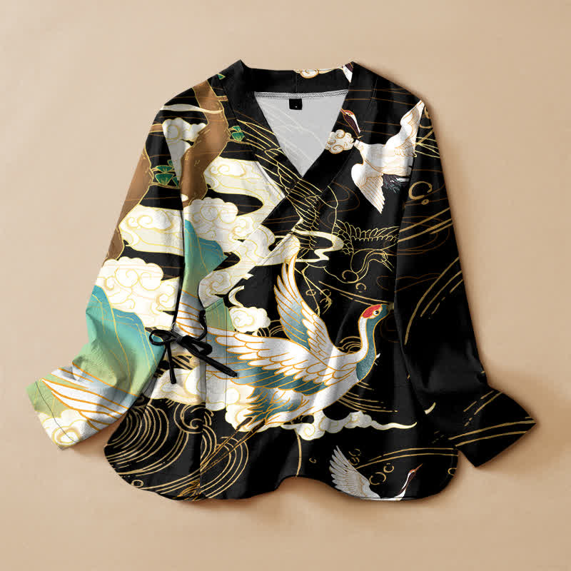 Buddha Stones Kimono da donna a maniche lunghe con scollo a V e allacciatura, in cotone con stampa orientale di gru e nuvole. - Nero - US16, UK/AU20, EU48 (3XL) - image 0