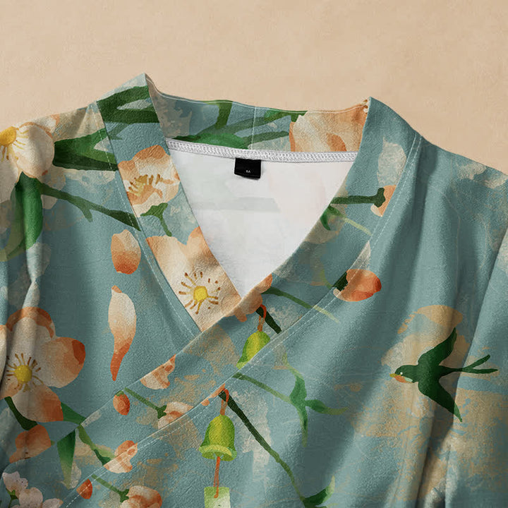 Buddha Stones Kimono da donna a maniche lunghe, stile Hanfu, con scollo a V e allacciatura, in cotone con stampa di fiori di ciliegio e uccelli. - image 2