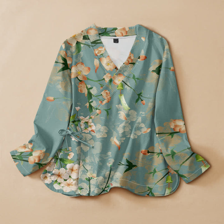 Buddha Stones Kimono da donna a maniche lunghe, stile Hanfu, con scollo a V e allacciatura, in cotone con stampa di fiori di ciliegio e uccelli. - Turchese medio - US16, UK/AU20, EU48 (3XL) - image 0