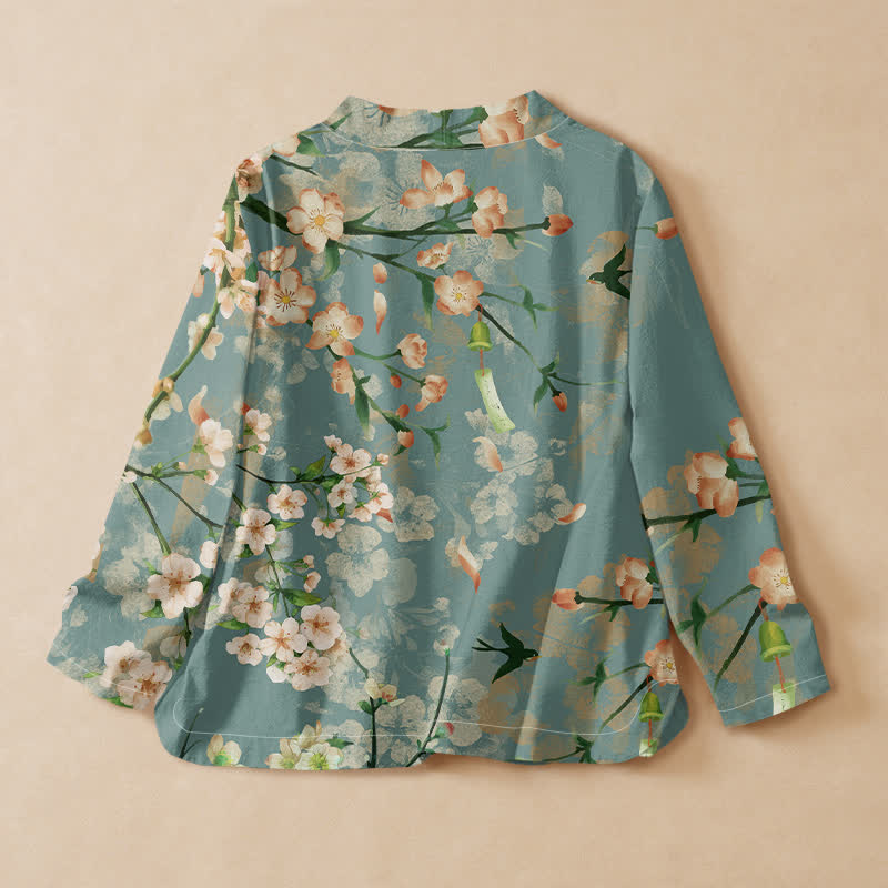 Buddha Stones Kimono da donna a maniche lunghe, stile Hanfu, con scollo a V e allacciatura, in cotone con stampa di fiori di ciliegio e uccelli. - image 1