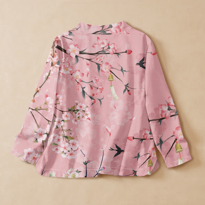 Buddha Stones Kimono da donna a maniche lunghe, stile Hanfu, con scollo a V e allacciatura, in cotone con stampa di fiori di ciliegio e uccelli. - image 6