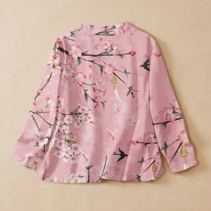 Buddha Stones Kimono da donna a maniche lunghe, stile Hanfu, con scollo a V e allacciatura, in cotone con stampa di fiori di ciliegio e uccelli. - image 6