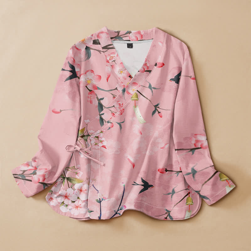 Buddha Stones Kimono da donna a maniche lunghe, stile Hanfu, con scollo a V e allacciatura, in cotone con stampa di fiori di ciliegio e uccelli. - Rosa - US16, UK/AU20, EU48 (3XL) - image 5