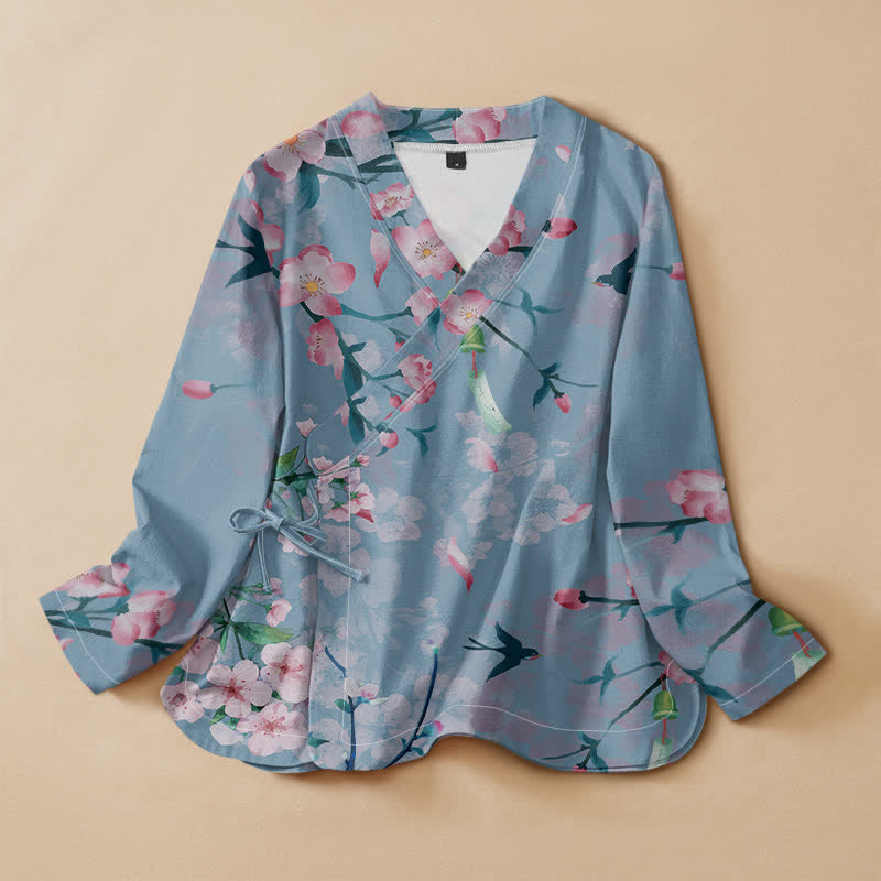 Buddha Stones Kimono da donna a maniche lunghe, stile Hanfu, con scollo a V e allacciatura, in cotone con stampa di fiori di ciliegio e uccelli. - Azzurro cielo chiaro - US16, UK/AU20, EU48 (3XL) - image 7
