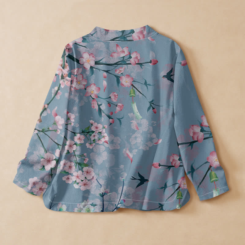 Buddha Stones Kimono da donna a maniche lunghe, stile Hanfu, con scollo a V e allacciatura, in cotone con stampa di fiori di ciliegio e uccelli. - image 8