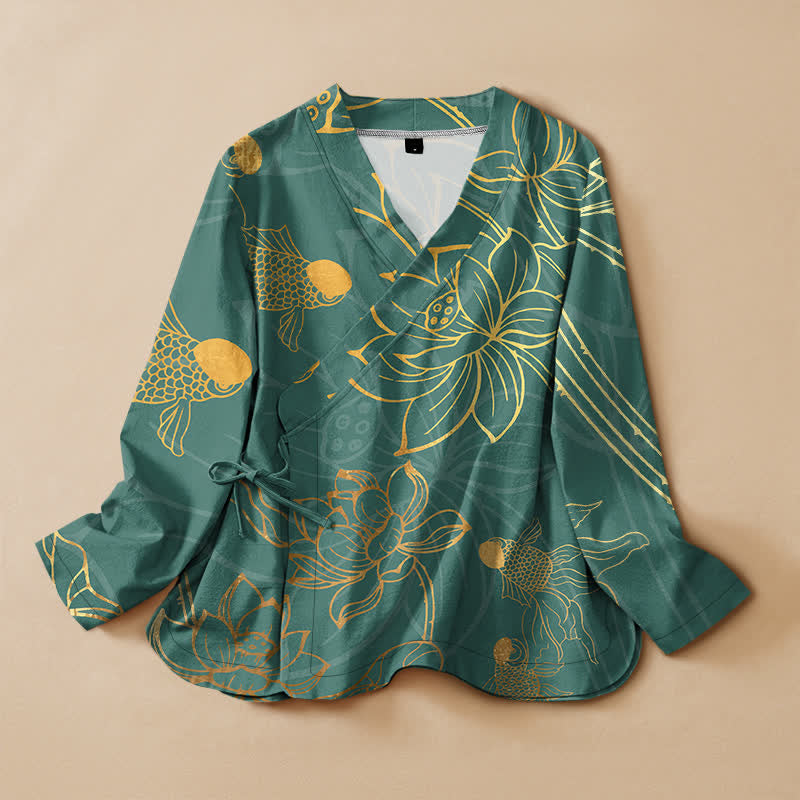 Buddha Stones Kimono da donna a maniche lunghe con scollo a V, stampa floreale di loto e pesci, in cotone. Modello a kimono. - Verde acqua - US16, UK/AU20, EU48 (3XL) - image 0