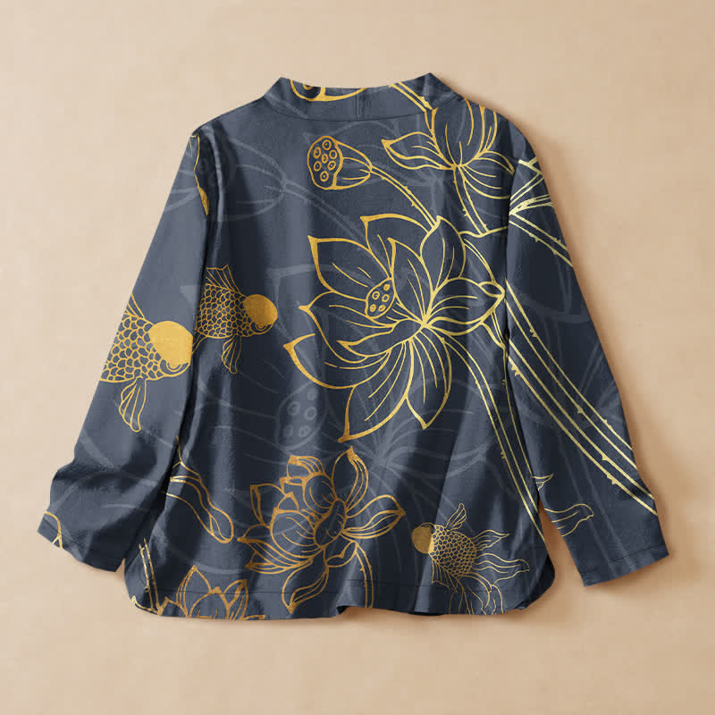 Buddha Stones Kimono da donna a maniche lunghe con scollo a V, stampa floreale di loto e pesci, in cotone. Modello a kimono. - image 6