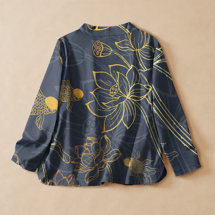 Buddha Stones Kimono da donna a maniche lunghe con scollo a V, stampa floreale di loto e pesci, in cotone. Modello a kimono. - image 6