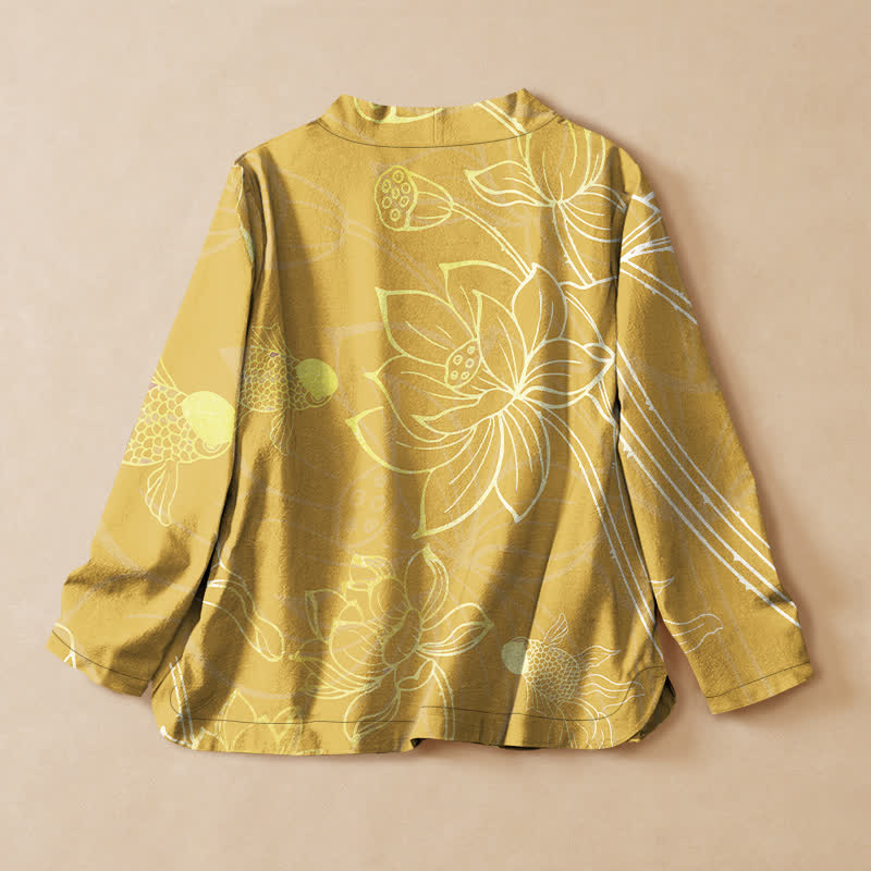 Buddha Stones Kimono da donna a maniche lunghe con scollo a V, stampa floreale di loto e pesci, in cotone. Modello a kimono. - image 8
