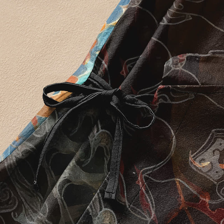 Buddha Stones Kimono da donna a maniche lunghe, stile Hanfu, con scollo a V e allacciatura, in cotone con stampa di nuvole e fenice dorata. - image 3
