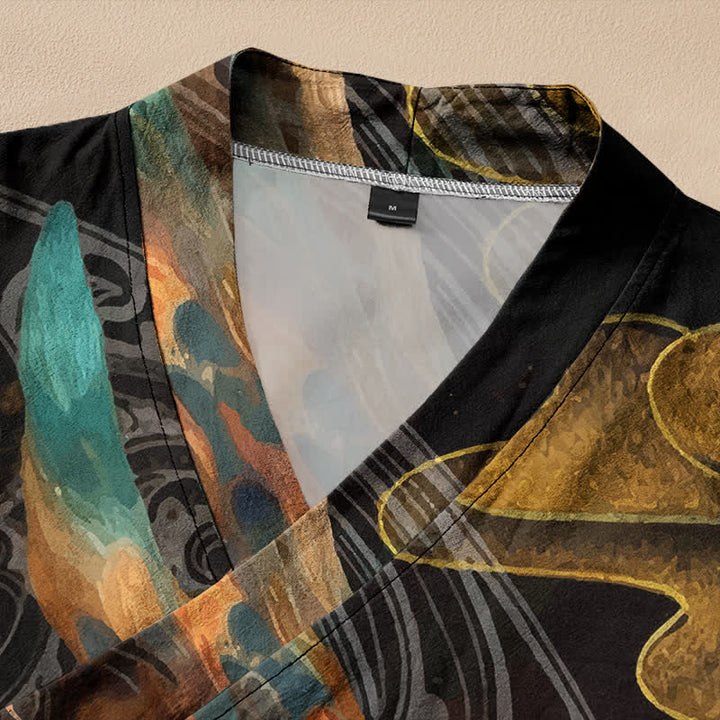 Buddha Stones Kimono da donna a maniche lunghe, stile Hanfu, con scollo a V e allacciatura, in cotone con stampa di nuvole e fenice dorata. - image 2