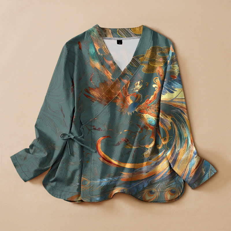 Buddha Stones Kimono da donna a maniche lunghe, stile Hanfu, con scollo a V e allacciatura, in cotone con stampa di nuvole e fenice dorata. - Verde acqua - US16, UK/AU20, EU48 (3XL) - image 5