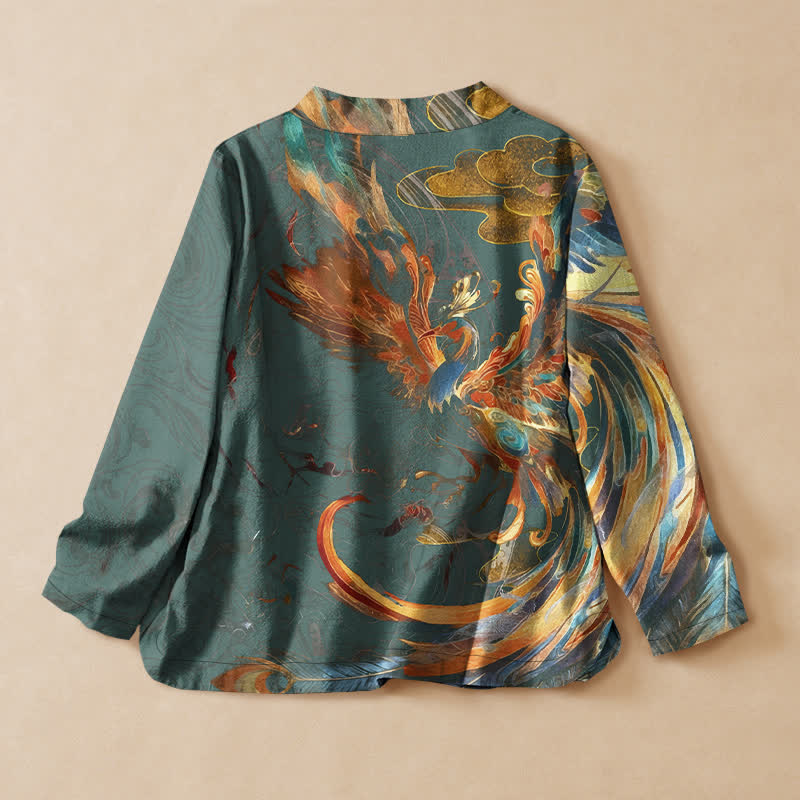 Buddha Stones Kimono da donna a maniche lunghe, stile Hanfu, con scollo a V e allacciatura, in cotone con stampa di nuvole e fenice dorata. - image 6