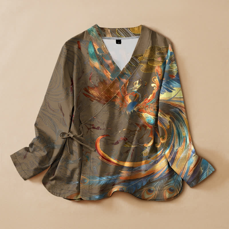 Buddha Stones Kimono da donna a maniche lunghe, stile Hanfu, con scollo a V e allacciatura, in cotone con stampa di nuvole e fenice dorata. - Verga d'oro scura - US16, UK/AU20, EU48 (3XL) - image 7