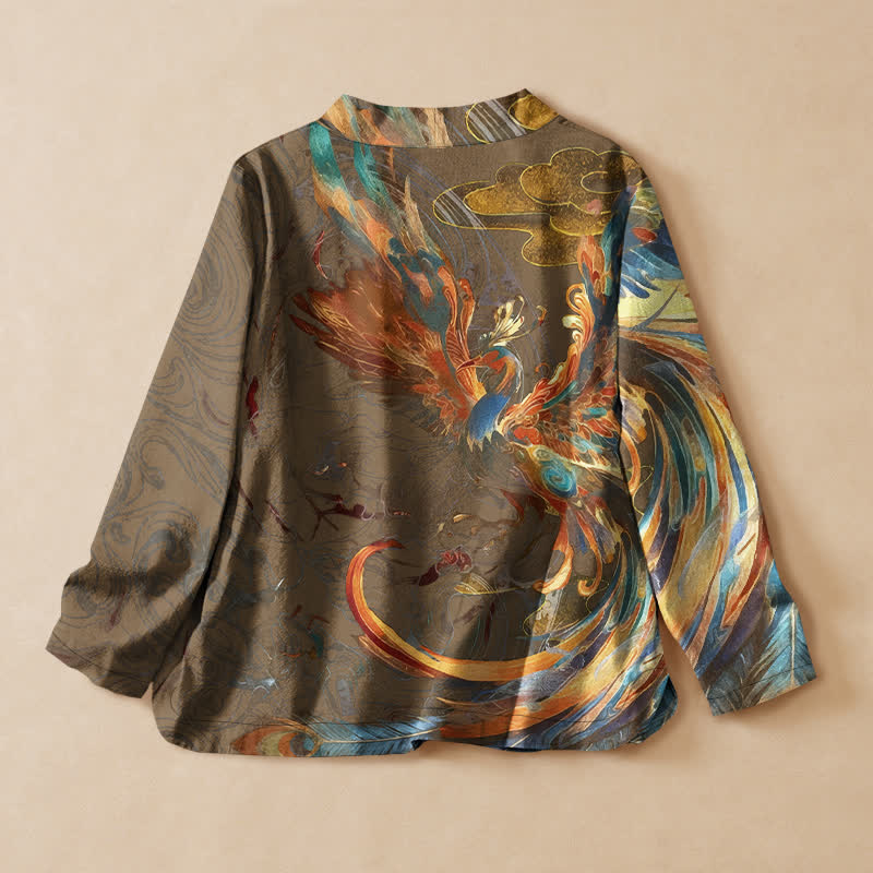 Buddha Stones Kimono da donna a maniche lunghe, stile Hanfu, con scollo a V e allacciatura, in cotone con stampa di nuvole e fenice dorata. - image 8
