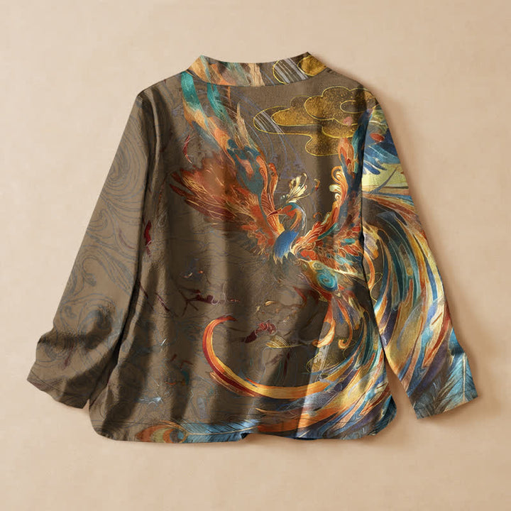 Buddha Stones Kimono da donna a maniche lunghe, stile Hanfu, con scollo a V e allacciatura, in cotone con stampa di nuvole e fenice dorata. - image 8