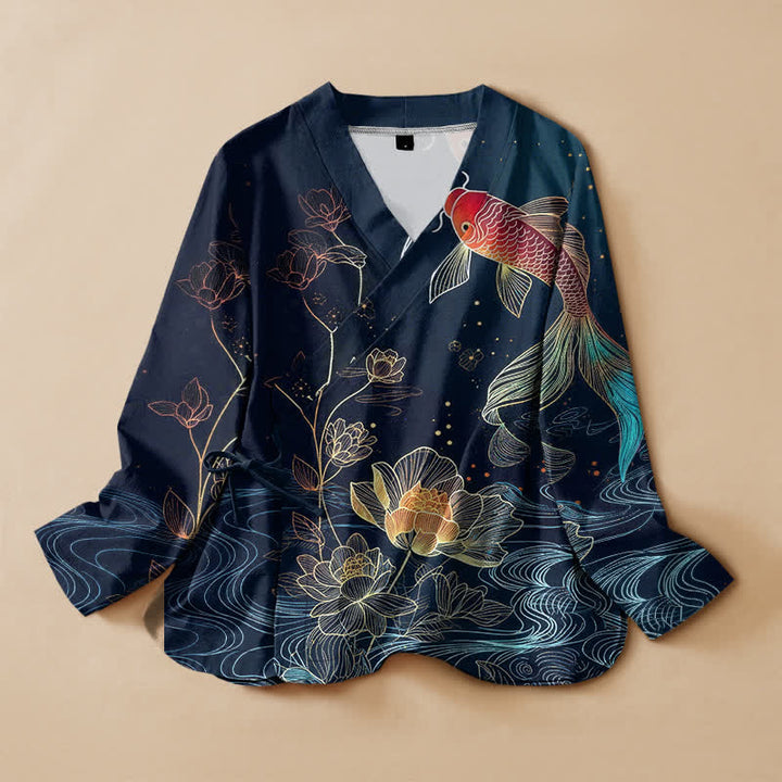 Buddha Stones Kimono da donna a maniche lunghe con scollo a V e allacciatura, in cotone con stampa di laghetto di loto e carpe koi. - Marina - US16, UK/AU20, EU48 (3XL) - image 0