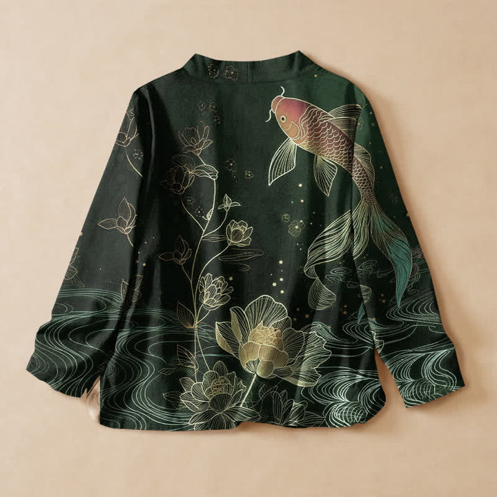 Buddha Stones Kimono da donna a maniche lunghe con scollo a V e allacciatura, in cotone con stampa di laghetto di loto e carpe koi. - image 6