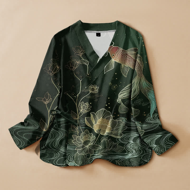 Buddha Stones Kimono da donna a maniche lunghe con scollo a V e allacciatura, in cotone con stampa di laghetto di loto e carpe koi. - Verde scuro - US16, UK/AU20, EU48 (3XL) - image 5