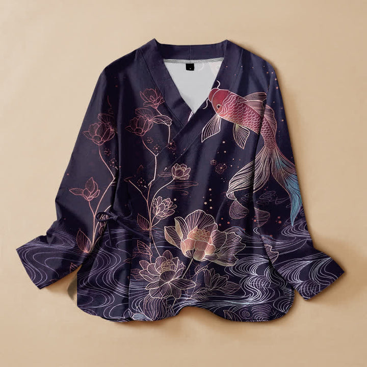 Buddha Stones Kimono da donna a maniche lunghe con scollo a V e allacciatura, in cotone con stampa di laghetto di loto e carpe koi. - Indaco - US16, UK/AU20, EU48 (3XL) - image 7