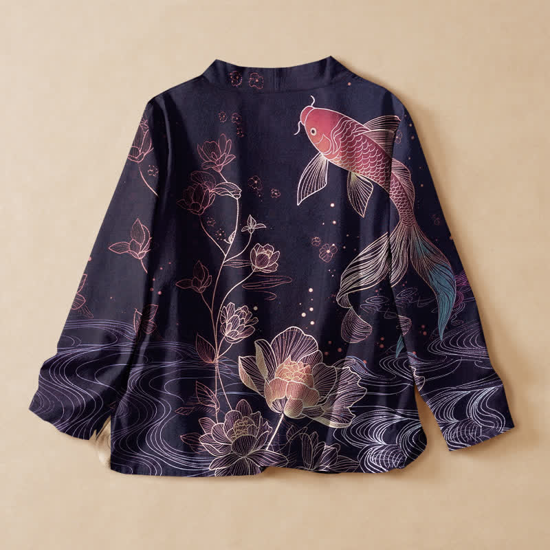 Buddha Stones Kimono da donna a maniche lunghe con scollo a V e allacciatura, in cotone con stampa di laghetto di loto e carpe koi. - image 8