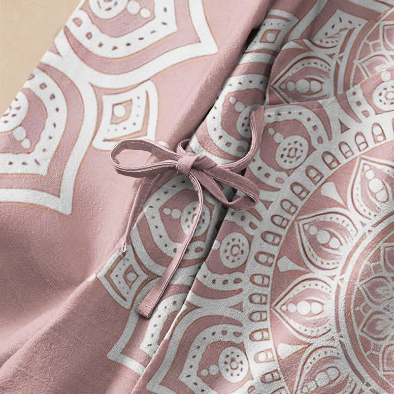 Buddha Stones Kimono da donna a maniche lunghe, stile Hanfu, con scollo a V e allacciatura, in cotone bianco con stampa mandala. - image 3