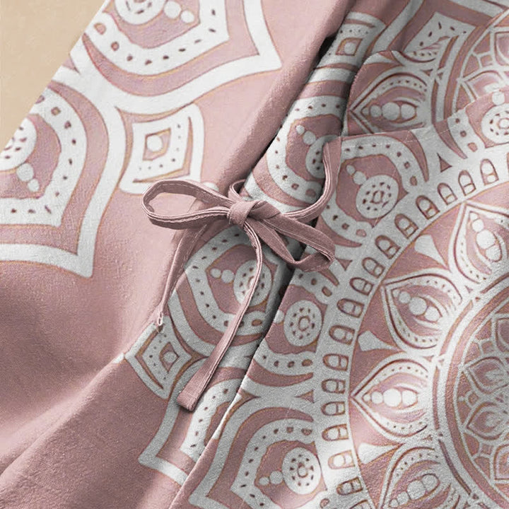 Buddha Stones Kimono da donna a maniche lunghe, stile Hanfu, con scollo a V e allacciatura, in cotone bianco con stampa mandala. - image 3