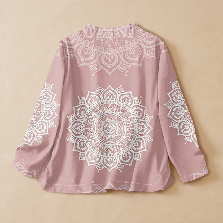 Buddha Stones Kimono da donna a maniche lunghe, stile Hanfu, con scollo a V e allacciatura, in cotone bianco con stampa mandala. - image 1