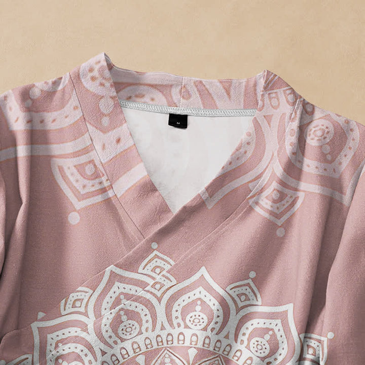 Buddha Stones Kimono da donna a maniche lunghe, stile Hanfu, con scollo a V e allacciatura, in cotone bianco con stampa mandala. - image 2