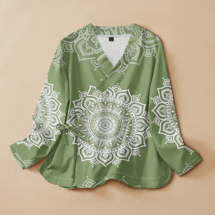 Buddha Stones Kimono da donna a maniche lunghe, stile Hanfu, con scollo a V e allacciatura, in cotone bianco con stampa mandala. - Verde oliva - US16, UK/AU20, EU48 (3XL) - image 5