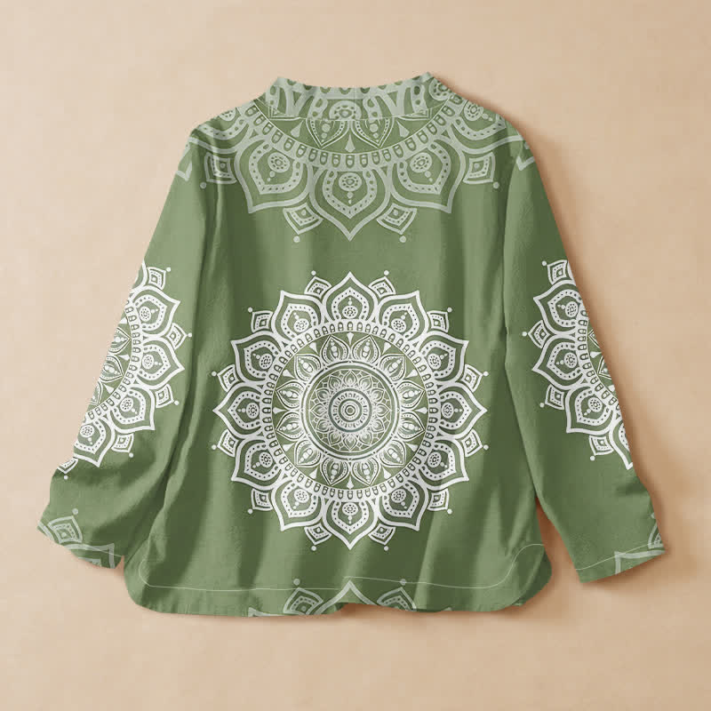 Buddha Stones Kimono da donna a maniche lunghe, stile Hanfu, con scollo a V e allacciatura, in cotone bianco con stampa mandala. - image 6