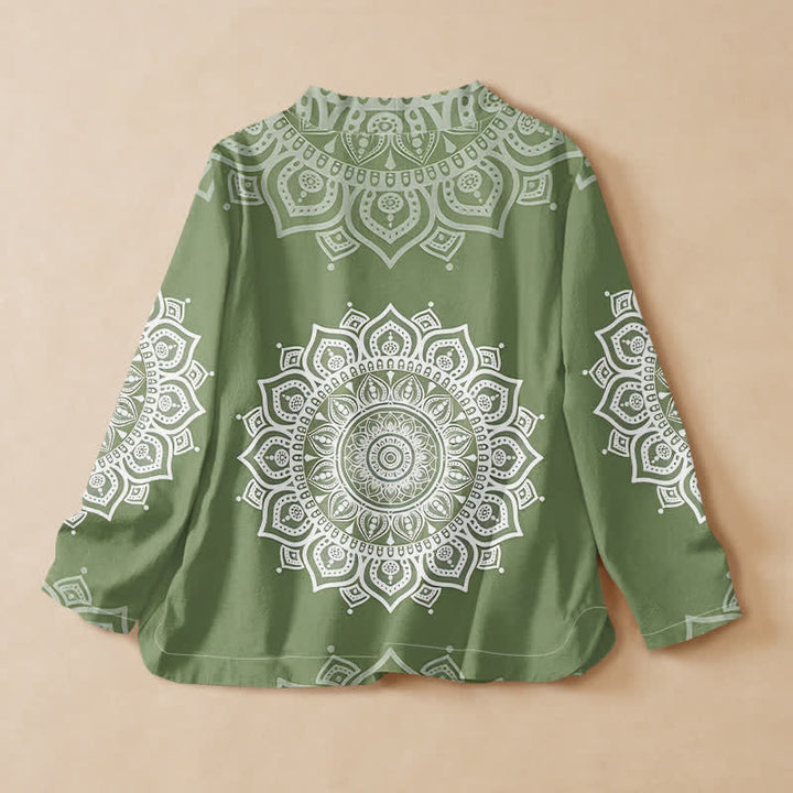 Buddha Stones Kimono da donna a maniche lunghe, stile Hanfu, con scollo a V e allacciatura, in cotone bianco con stampa mandala. - image 6