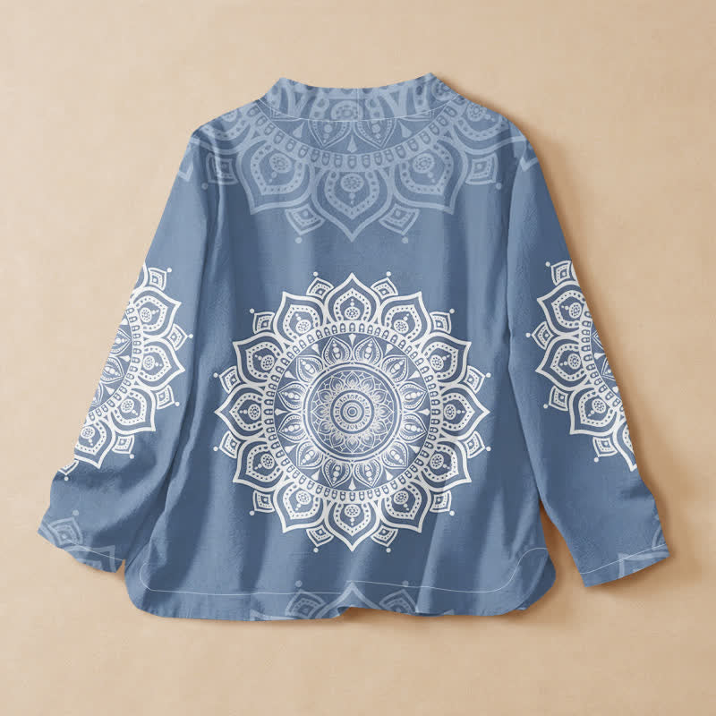 Buddha Stones Kimono da donna a maniche lunghe, stile Hanfu, con scollo a V e allacciatura, in cotone bianco con stampa mandala. - image 8