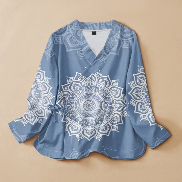Buddha Stones Kimono da donna a maniche lunghe, stile Hanfu, con scollo a V e allacciatura, in cotone bianco con stampa mandala. - SteelBlue - US16, UK/AU20, EU48 (3XL) - image 7