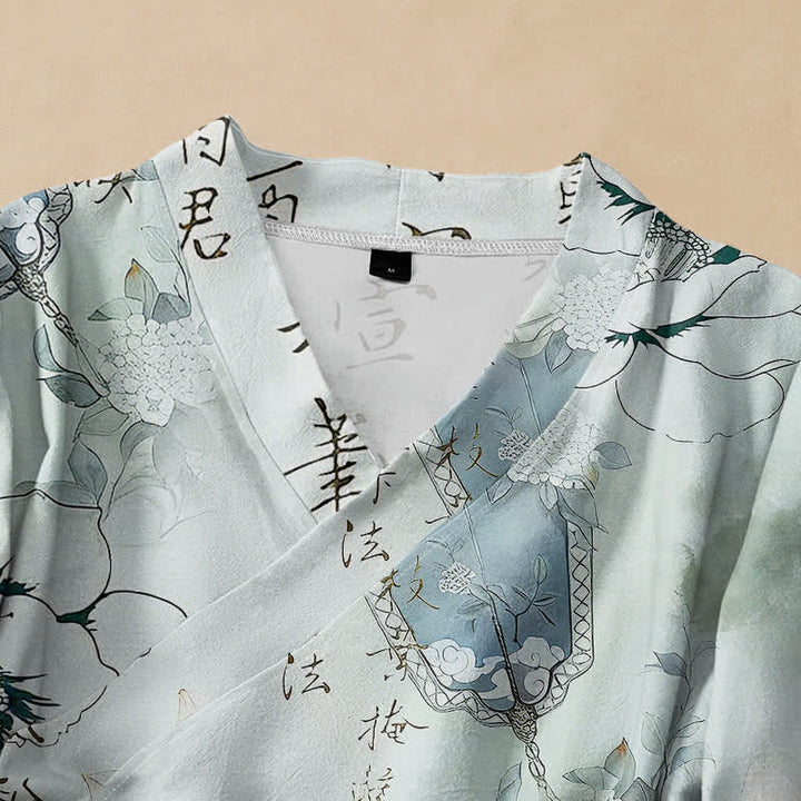 Buddha Stones Kimono da donna a maniche lunghe con scollo a V e allacciatura, in stile Hanfu, con stampa calligrafica a loto e motivo di cotone. - image 2