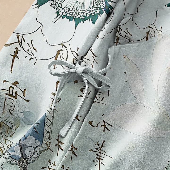 Buddha Stones Kimono da donna a maniche lunghe con scollo a V e allacciatura, in stile Hanfu, con stampa calligrafica a loto e motivo di cotone. - image 3