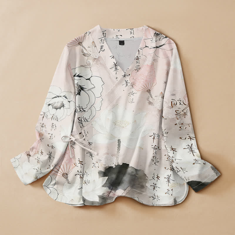 Buddha Stones Kimono da donna a maniche lunghe con scollo a V e allacciatura, in stile Hanfu, con stampa calligrafica a loto e motivo di cotone. - Lavanda Rosa - US16, UK/AU20, EU48 (3XL) - image 5