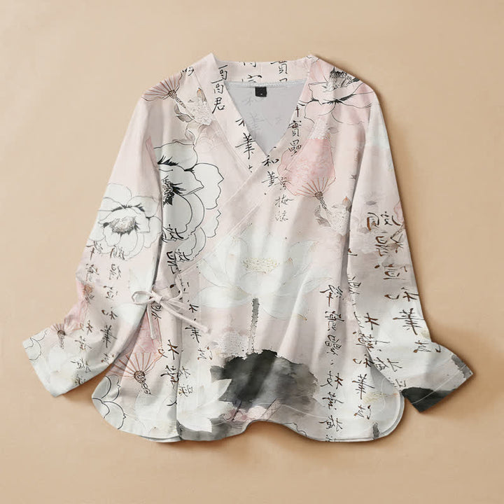 Buddha Stones Kimono da donna a maniche lunghe con scollo a V e allacciatura, in stile Hanfu, con stampa calligrafica a loto e motivo di cotone. - Lavanda Rosa - US16, UK/AU20, EU48 (3XL) - image 5
