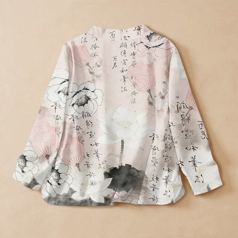Buddha Stones Kimono da donna a maniche lunghe con scollo a V e allacciatura, in stile Hanfu, con stampa calligrafica a loto e motivo di cotone. - image 6