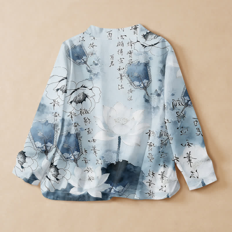 Buddha Stones Kimono da donna a maniche lunghe con scollo a V e allacciatura, in stile Hanfu, con stampa calligrafica a loto e motivo di cotone. - image 8