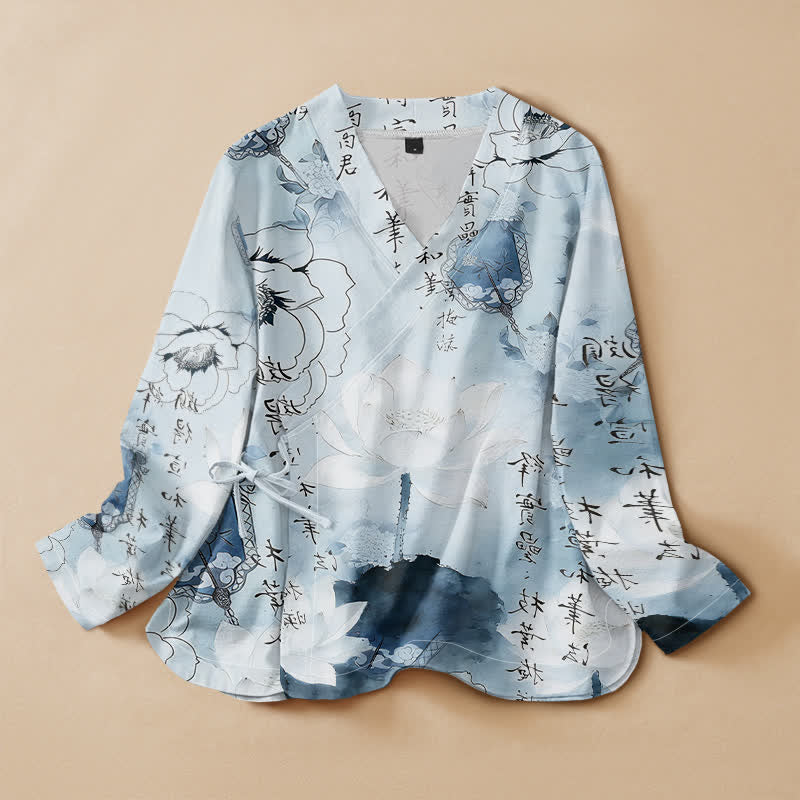 Buddha Stones Kimono da donna a maniche lunghe con scollo a V e allacciatura, in stile Hanfu, con stampa calligrafica a loto e motivo di cotone. - Ciano chiaro - US16, UK/AU20, EU48 (3XL) - image 7