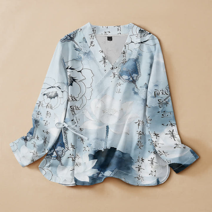 Buddha Stones Kimono da donna a maniche lunghe con scollo a V e allacciatura, in stile Hanfu, con stampa calligrafica a loto e motivo di cotone. - Ciano chiaro - US16, UK/AU20, EU48 (3XL) - image 7