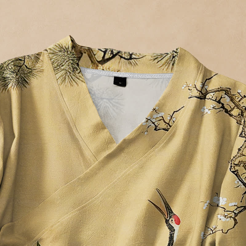 Buddha Stones Kimono da donna a maniche lunghe, stile Hanfu, con scollo a V e allacciatura, in cotone con stampa di gru e fiori di pino. - image 2