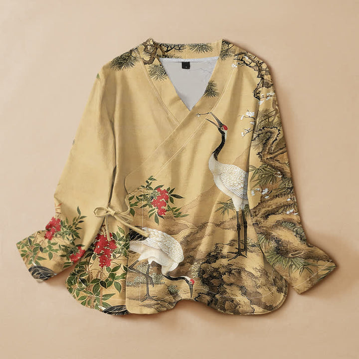Buddha Stones Kimono da donna a maniche lunghe, stile Hanfu, con scollo a V e allacciatura, in cotone con stampa di gru e fiori di pino. - Verga d'oro - US16, UK/AU20, EU48 (3XL) - image 0