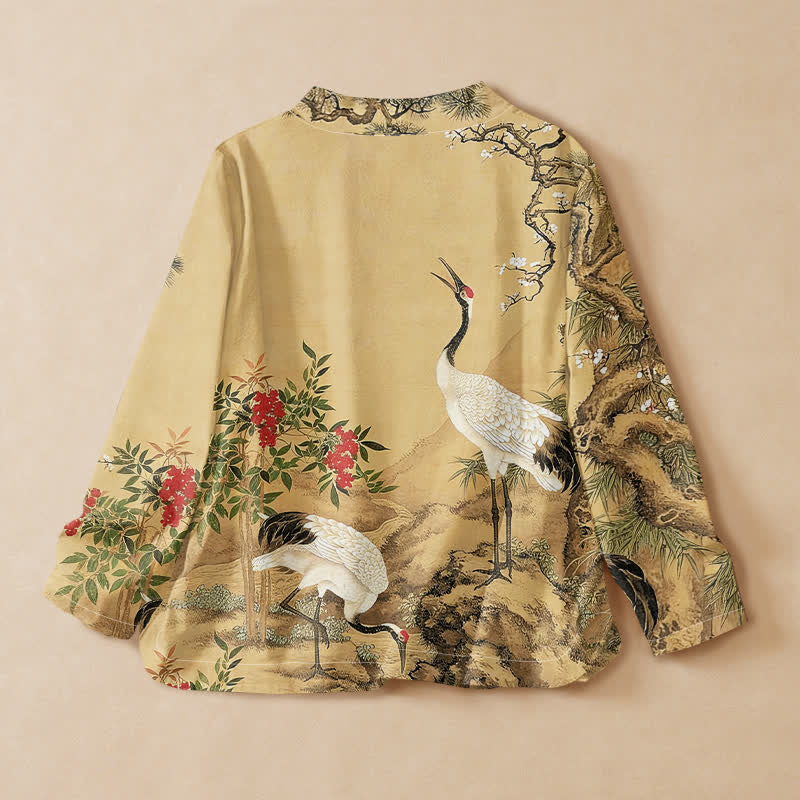 Buddha Stones Kimono da donna a maniche lunghe, stile Hanfu, con scollo a V e allacciatura, in cotone con stampa di gru e fiori di pino. - image 1