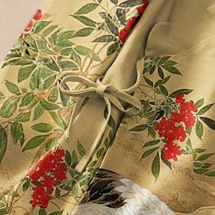 Buddha Stones Kimono da donna a maniche lunghe, stile Hanfu, con scollo a V e allacciatura, in cotone con stampa di gru e fiori di pino. - image 3
