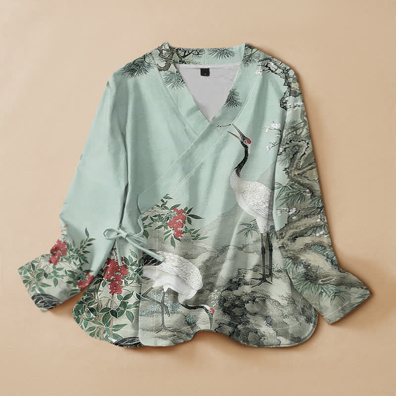 Buddha Stones Kimono da donna a maniche lunghe, stile Hanfu, con scollo a V e allacciatura, in cotone con stampa di gru e fiori di pino. - Turchese pallido - US16, UK/AU20, EU48 (3XL) - image 5